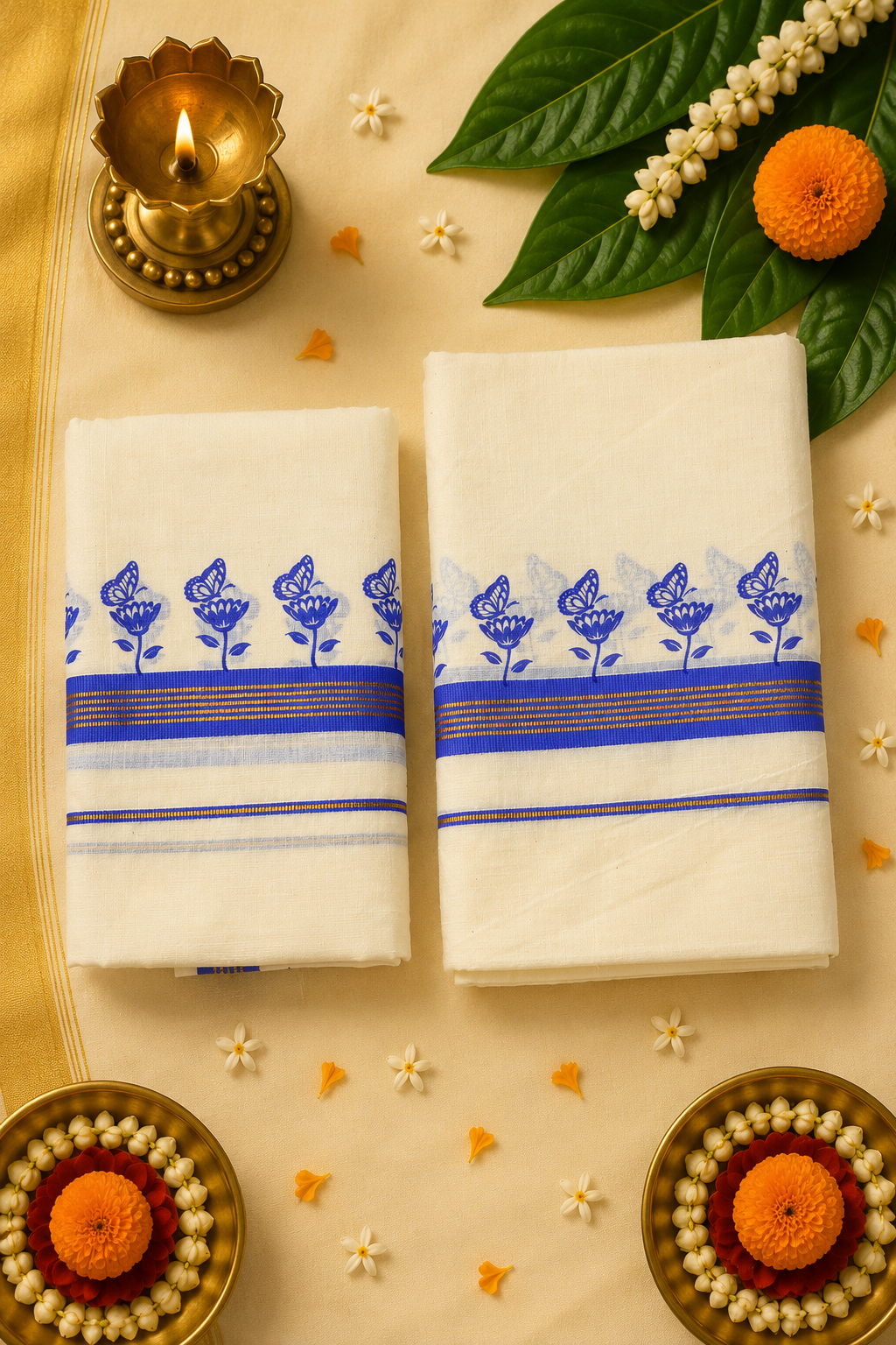 Premium Butterfly Print Kasavu Set Mund | Traditional Kerala Onam Set Mund with Gold Zari Border