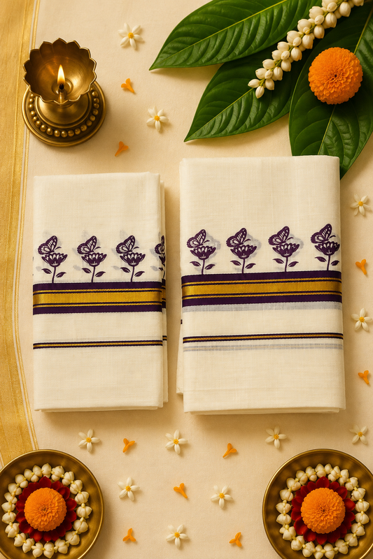 Premium Butterfly Print Kasavu Set Mund | Traditional Kerala Onam Set Mund with Gold Zari Border