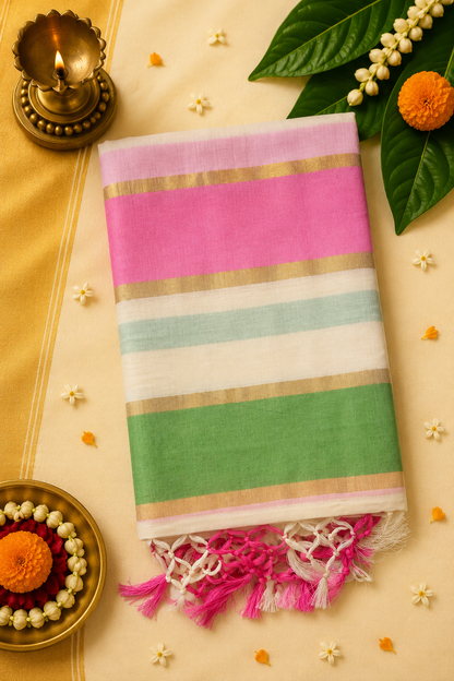 Premium Kerala Tissue Cotton Set Saree with Pink & Green Border | Golden Kasavu | Running Blouse Included