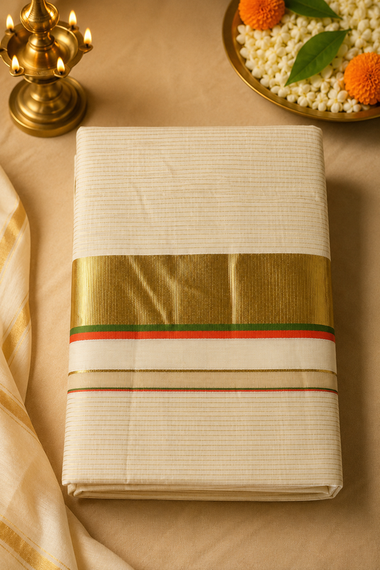 Traditional Kerala Kasavu Set Saree with Multicolour Border