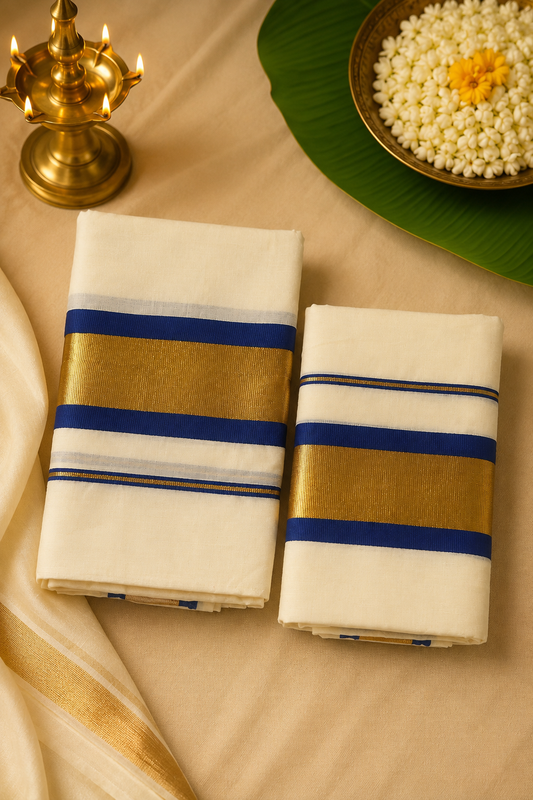 Royal Blue & Gold Kasavu Set Mundu | Traditional Kerala Festive Wear