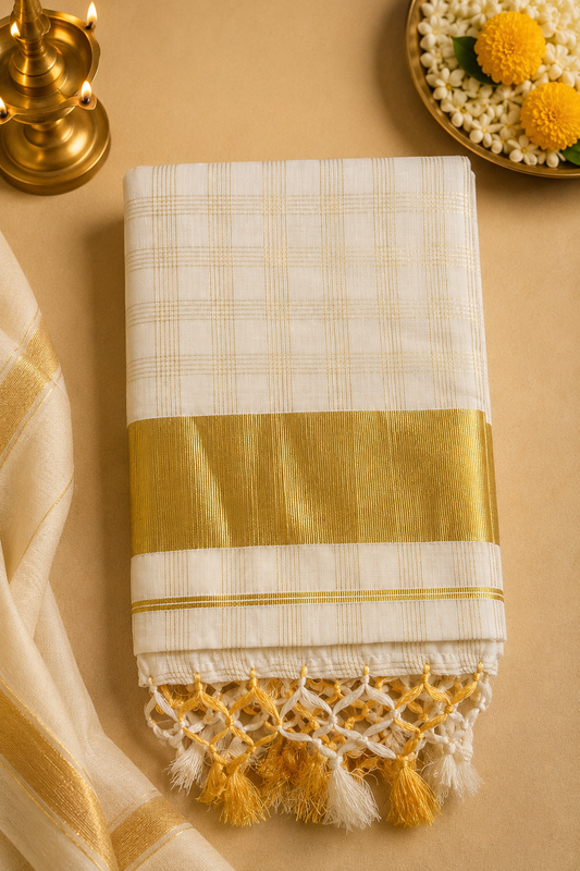 Golden Kasavu Checked Set Saree with Designer Tassel Pallu | Running Blouse Included
