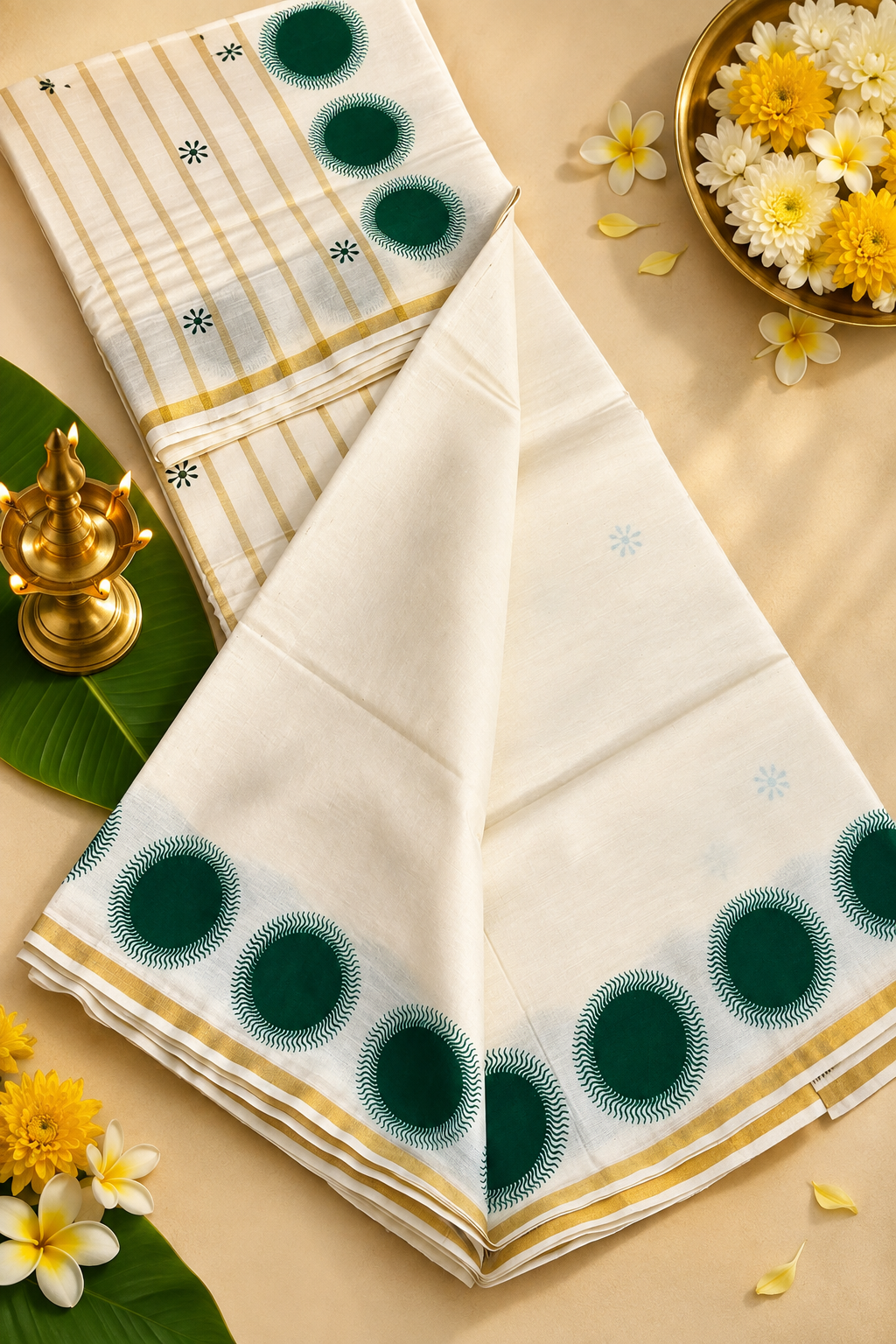 Premium Green Floral Printed Kasavu Saree with Golden Border