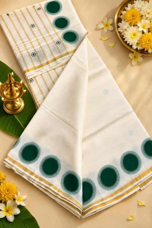 Premium Green Floral Printed Kasavu Saree with Golden Border