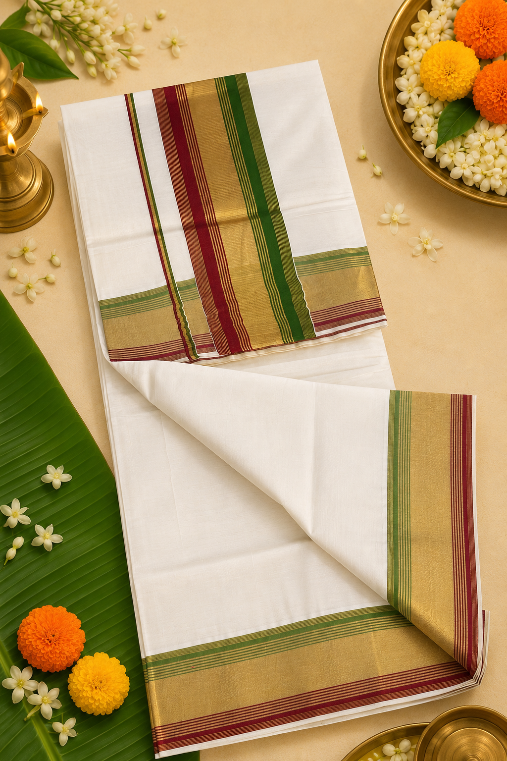 Traditional Multicolour Kasavu Set Saree with Green & Maroon Zari Border