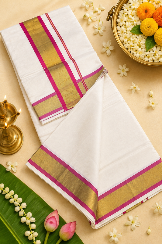 Pink Border Kasavu Set Saree | Traditional Kerala Kasavu with Golden Zari
