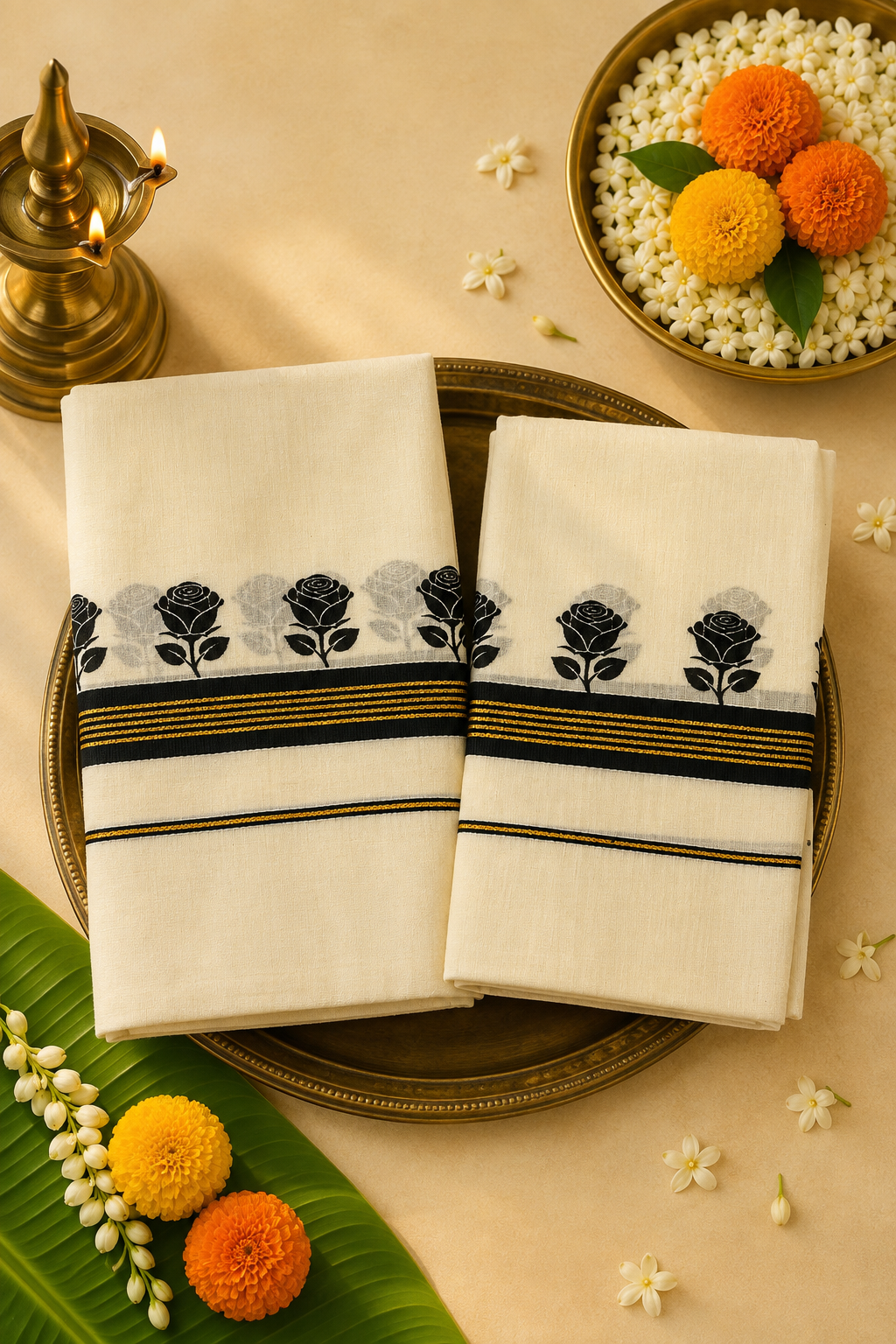 Traditional Kerala Floral Set Mund – Black & Purple Border