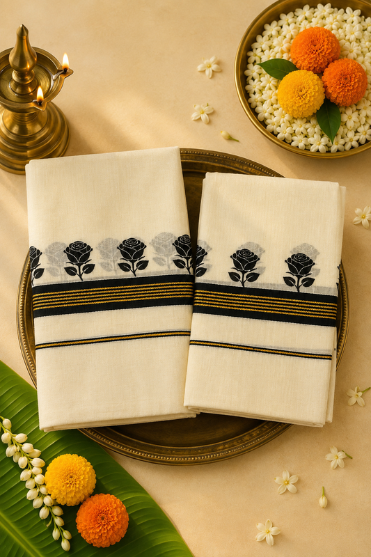 Traditional Kerala Floral Set Mund – Black & Purple Border