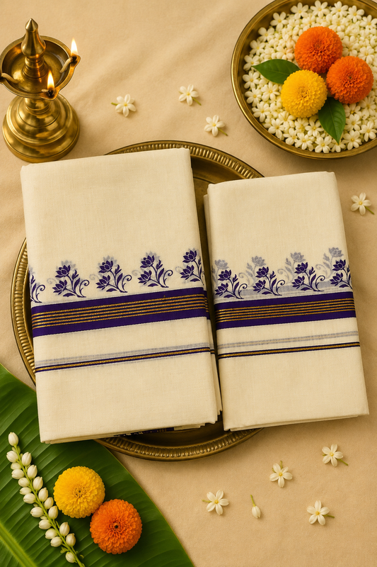 Purple Floral Kasavu Set Mund | Traditional Kerala Set Mund with Golden Zari