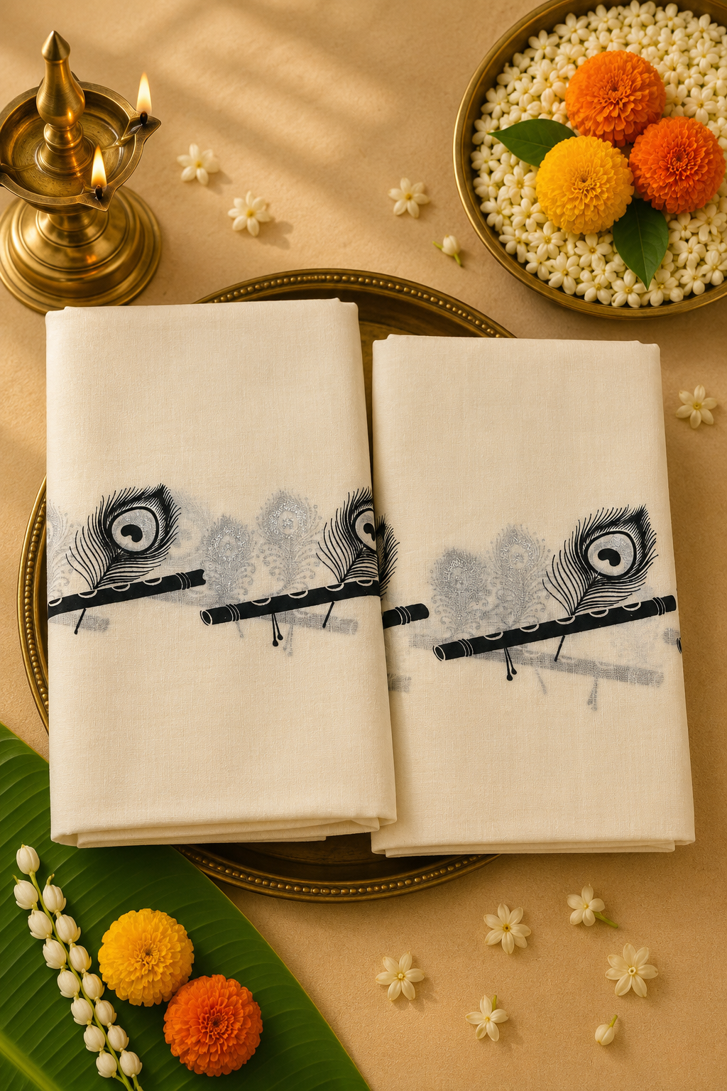 Peacock Feather Kasavu Set Mund | Traditional Kerala Set Mund with Krishna Flute Motif