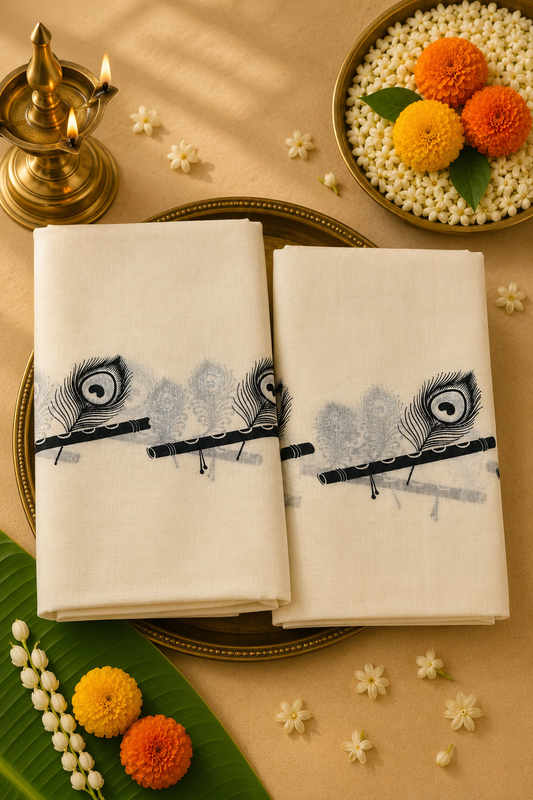 Peacock Feather Kasavu Set Mund | Traditional Kerala Set Mund with Krishna Flute Motif