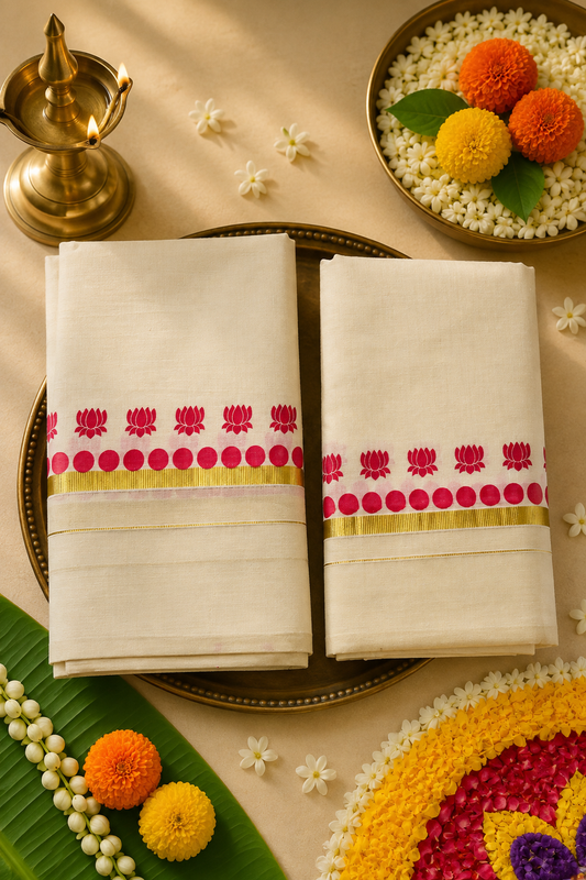 Pink Lotus Printed Kasavu Set Mund | Traditional Kerala Festive Wear