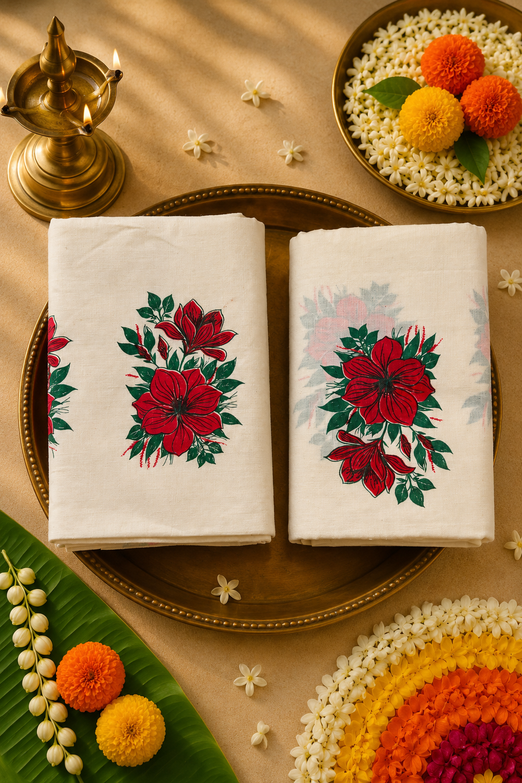 Red Floral Printed Kasavu Set Mund | Traditional Kerala Festive Wear