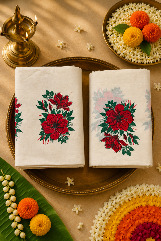 Red Floral Printed Kasavu Set Mund | Traditional Kerala Festive Wear