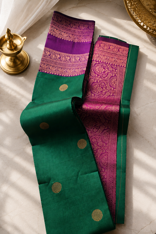 Kubera Pattu Silk & Tissue Saree – Purple & Green with Zari Border