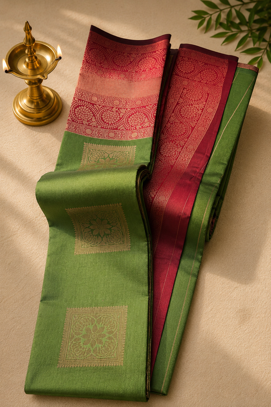 Kubera Pattu Silk & Tissue Saree – Green & Maroon with Zari