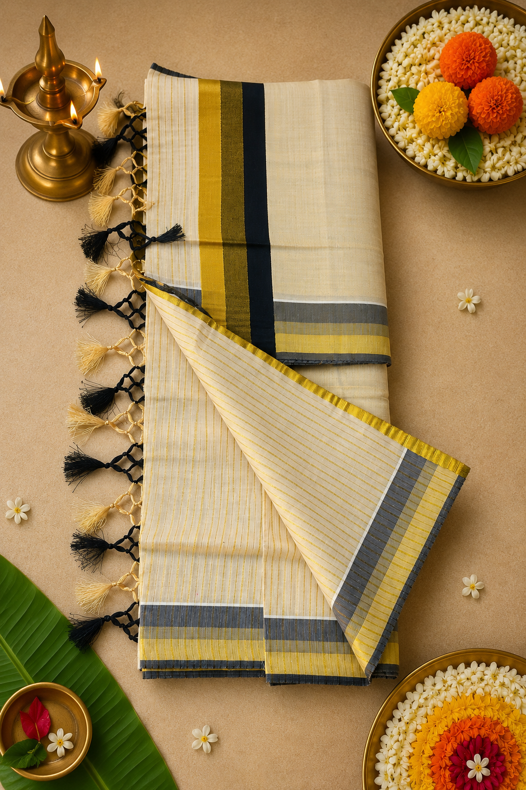 Premium Tissue Kasavu Saree – Multi-Colour Woven Border | Traditional Kerala Elegance