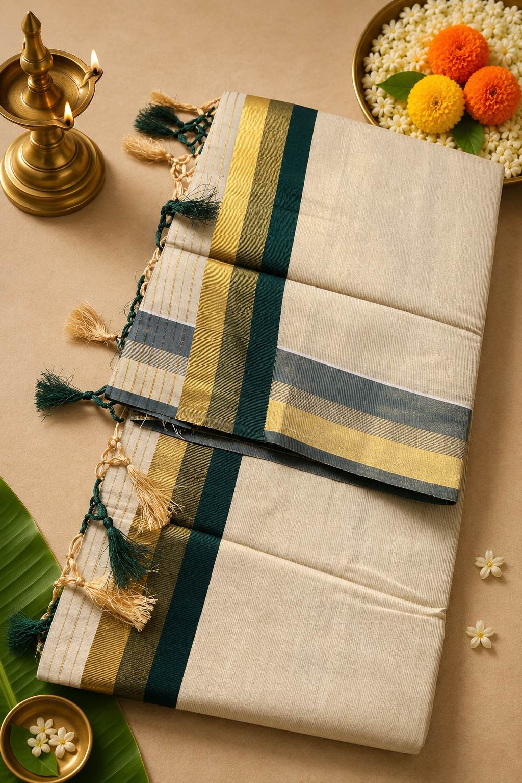 Premium Tissue Kasavu Saree – Multi-Colour Woven Border | Traditional Kerala Elegance