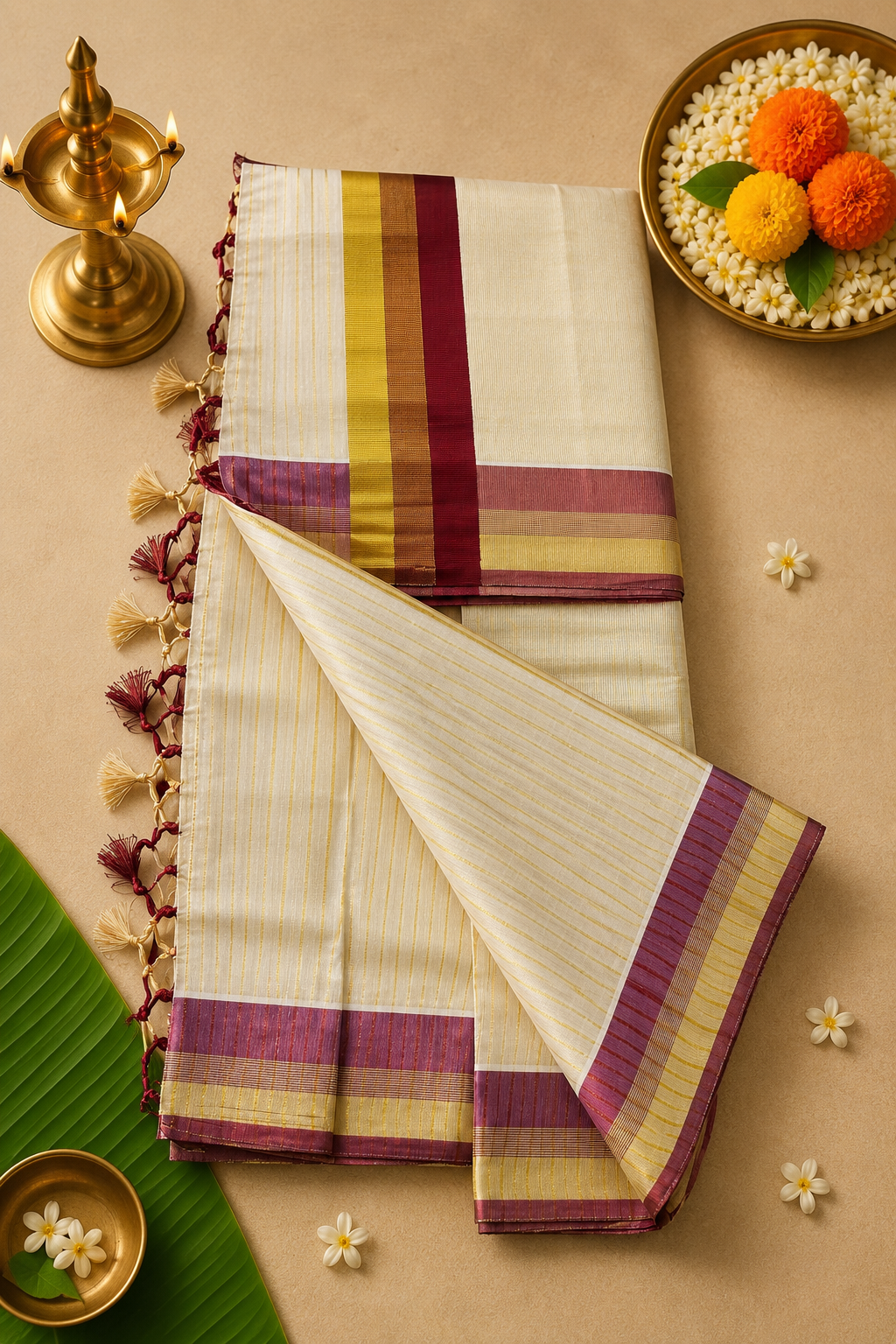 Premium Tissue Kasavu Saree – Multi-Colour Woven Border | Traditional Kerala Elegance