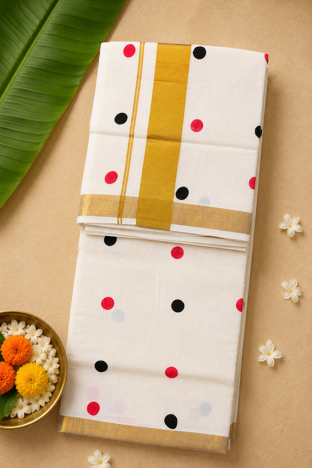 Premium Cotton Kasavu Saree – Polka Dot Motif with Golden Border