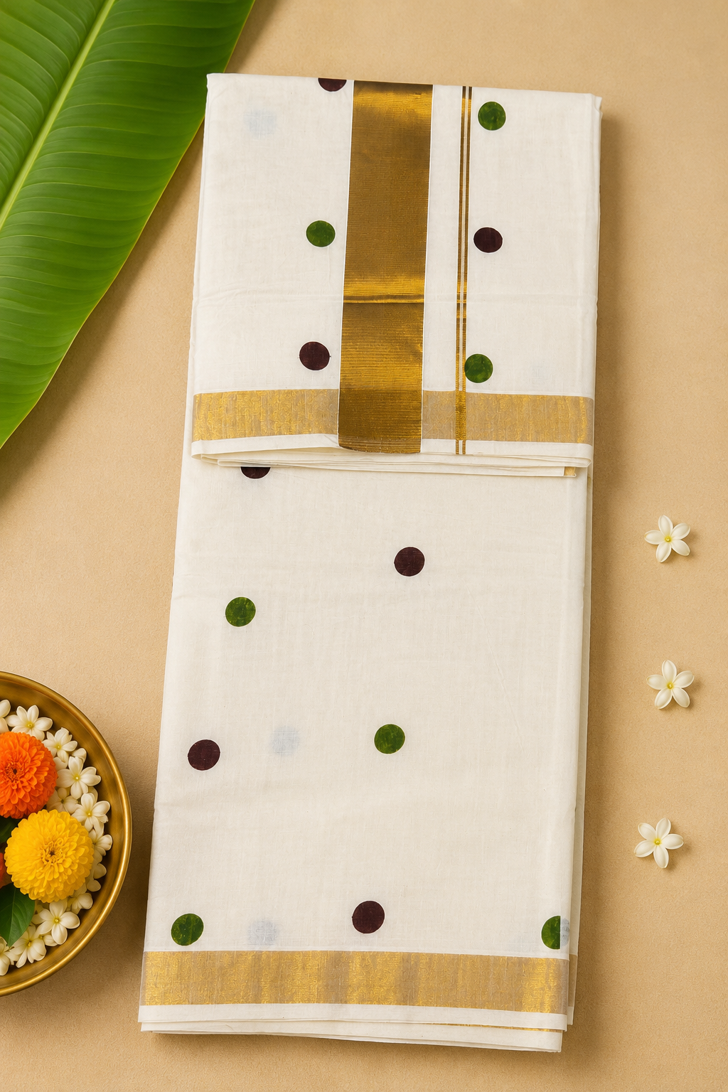 Premium Cotton Kasavu Saree – Polka Dot Motif with Golden Border