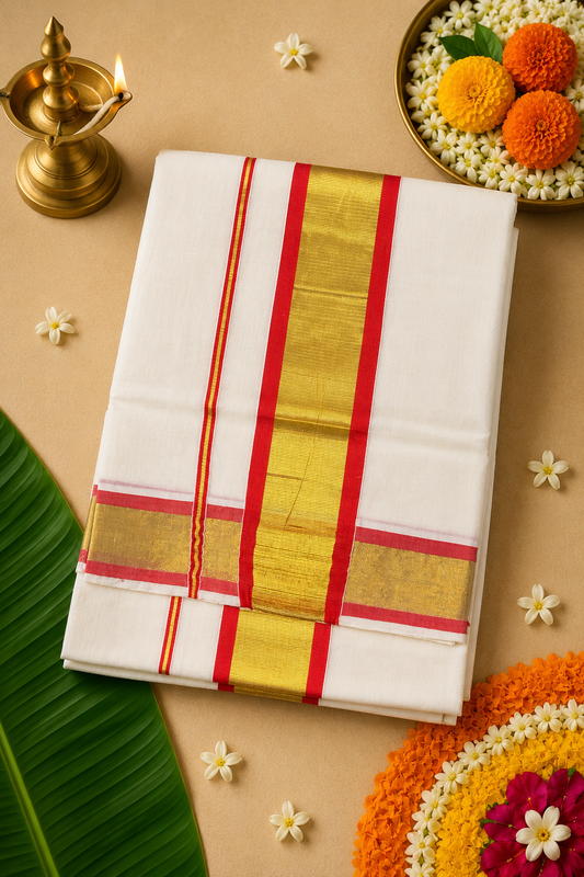 Red Kasavu Cotton Saree – Traditional Golden Border | Kerala Festive Wear