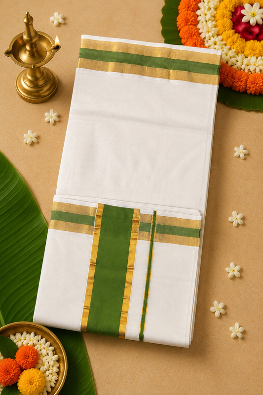 Elegant Green Kasavu Set Saree with Running Blouse – Kerala Traditional Wear