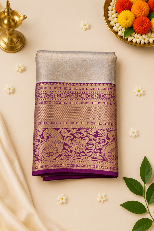 White & Purple Gold Zari Silk Saree – Wedding & Reception Wear