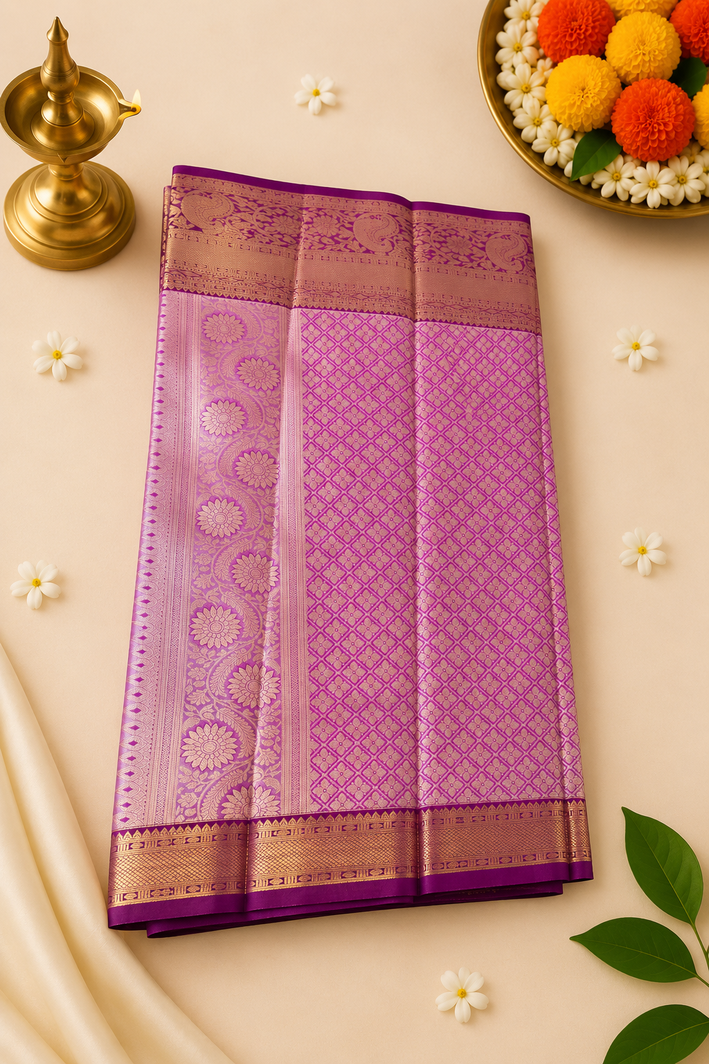 White & Purple Gold Zari Silk Saree – Wedding & Reception Wear