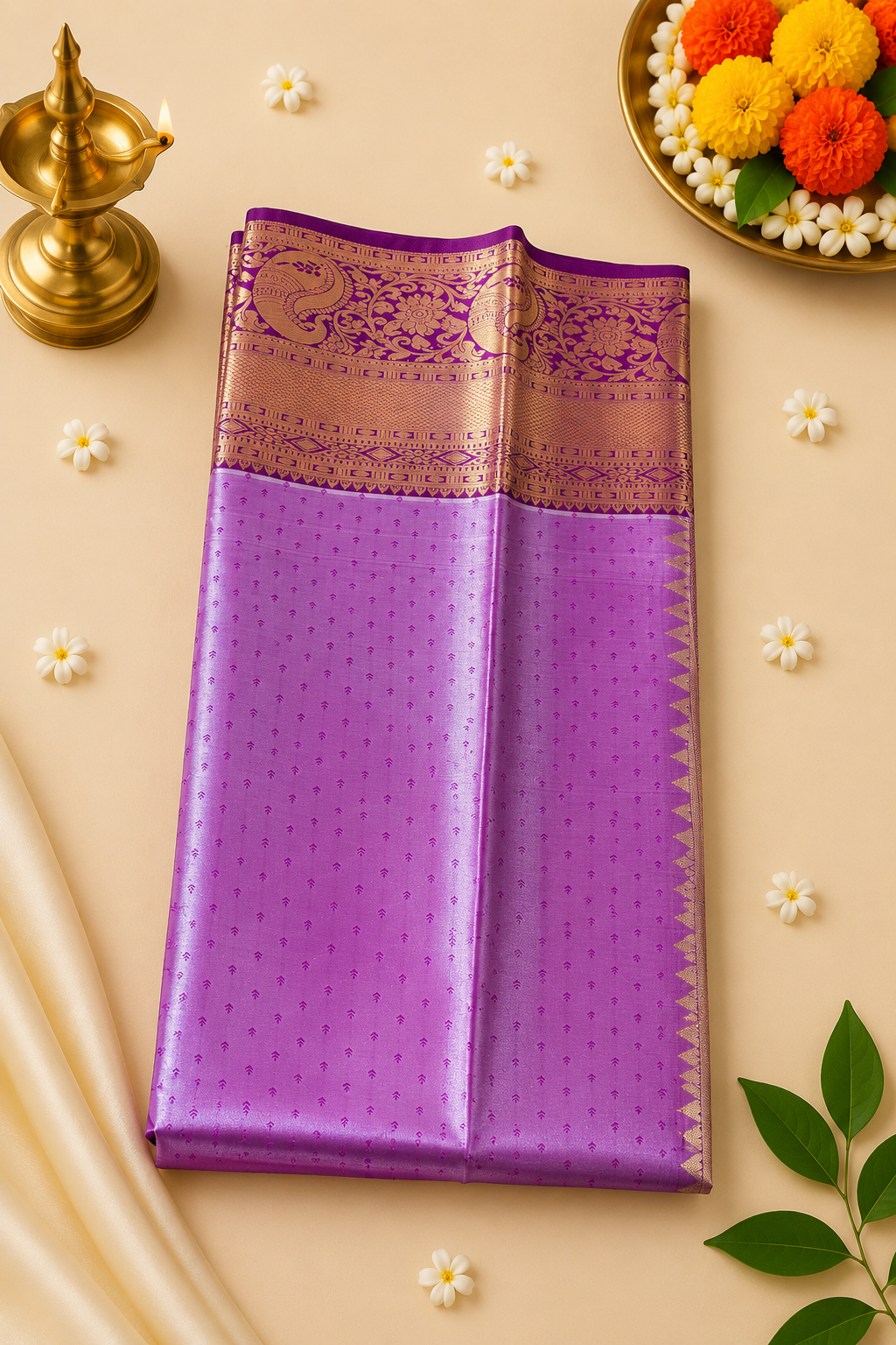 White & Purple Gold Zari Silk Saree – Wedding & Reception Wear