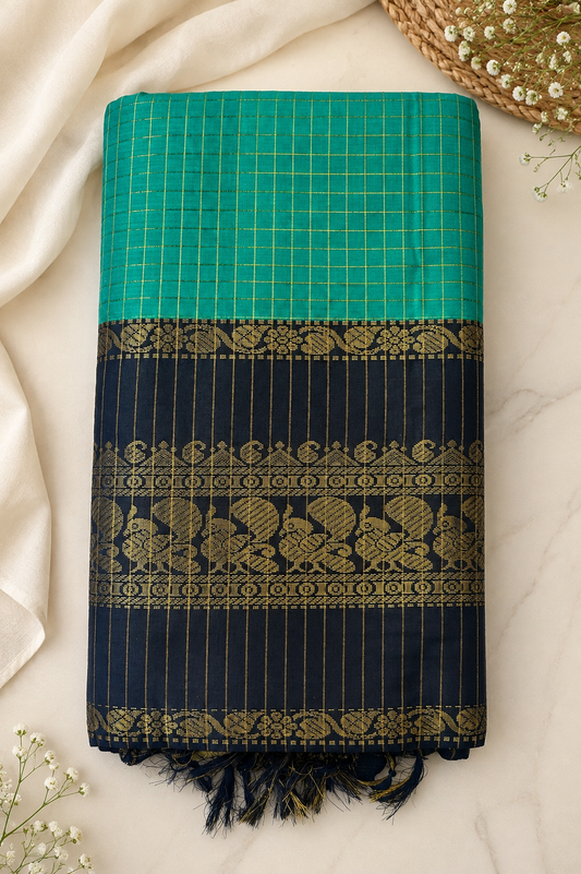 Checked Kalyani Cotton Saree with Zari Peacock Border & Blouse