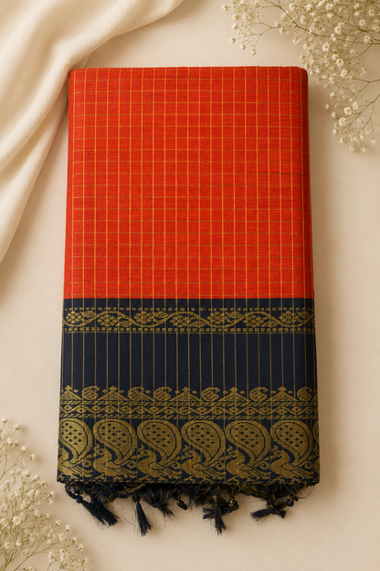 Checked Kalyani Cotton Saree with Zari Peacock Border & Blouse
