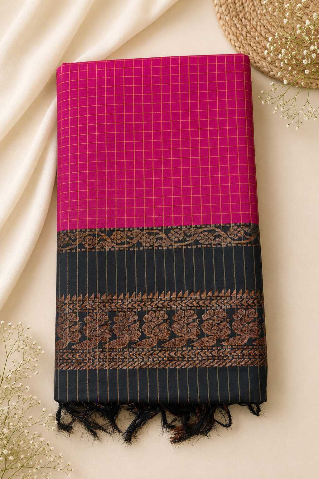 Checked Kalyani Cotton Saree with Zari Peacock Border & Blouse