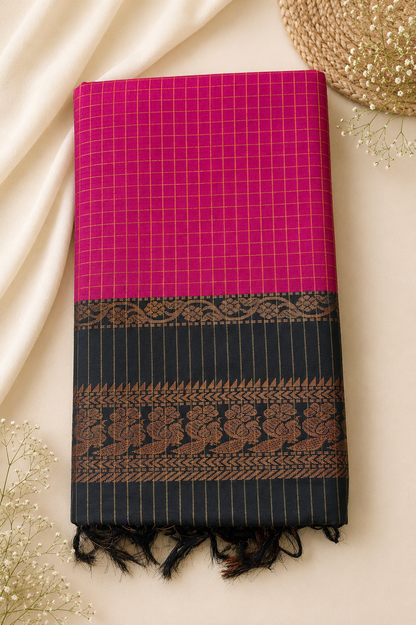 Checked Kalyani Cotton Saree with Zari Peacock Border & Blouse