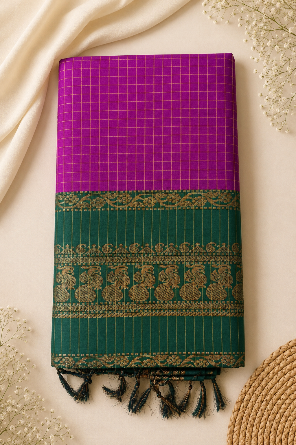 Checked Kalyani Cotton Saree with Zari Peacock Border & Blouse