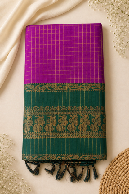 Checked Kalyani Cotton Saree with Zari Peacock Border & Blouse