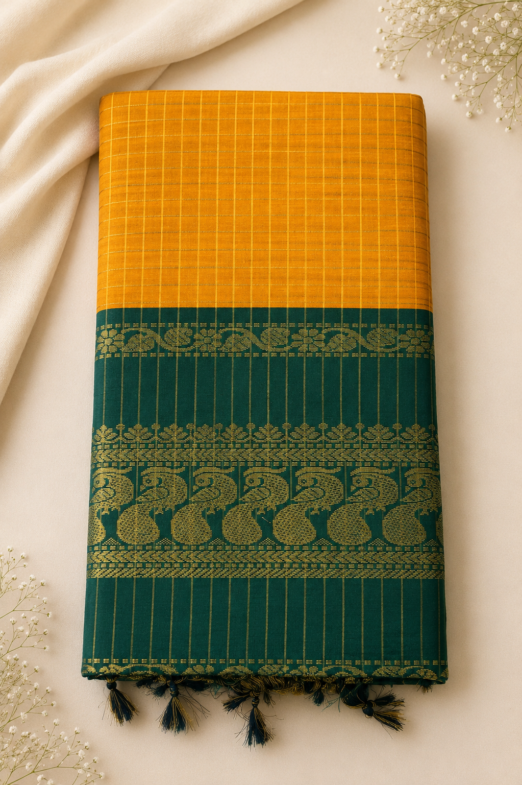 Checked Kalyani Cotton Saree with Zari Peacock Border & Blouse