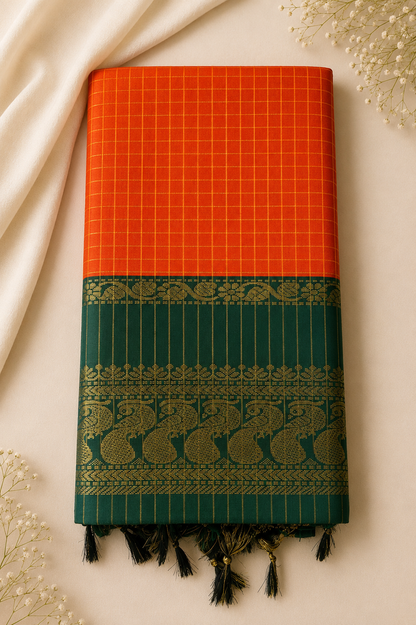 Checked Kalyani Cotton Saree with Zari Peacock Border & Blouse
