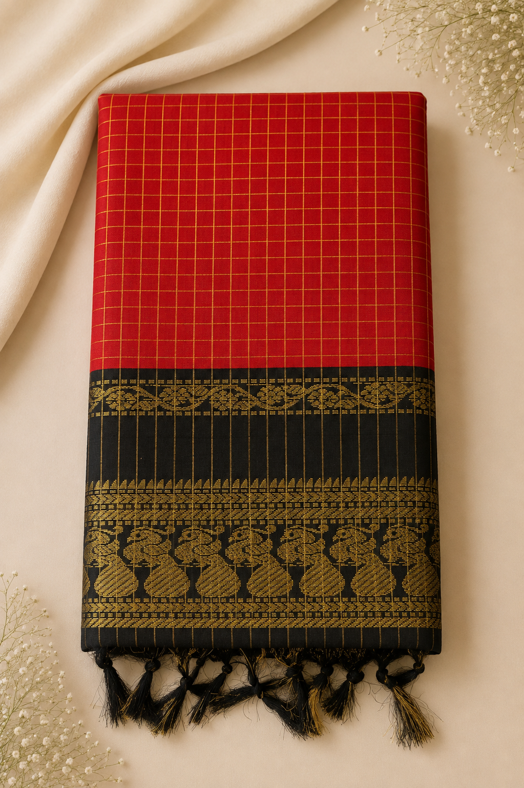 Checked Kalyani Cotton Saree with Zari Peacock Border & Blouse