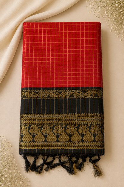 Checked Kalyani Cotton Saree with Zari Peacock Border & Blouse