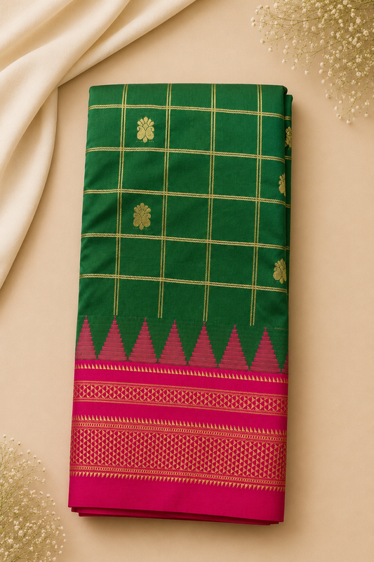 Emerald Green & Rani Pink Handloom Cotton Wedding Saree