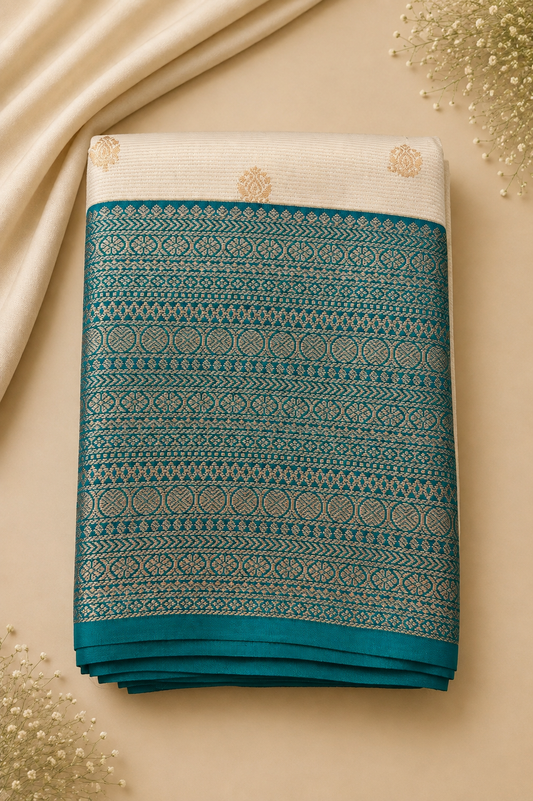 Teal & Gold Soft Kanchi Pattu Wedding Saree