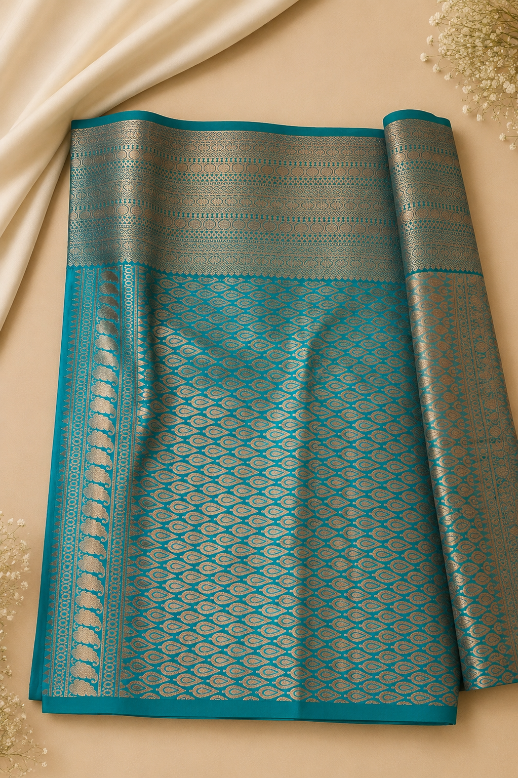 Teal & Gold Soft Kanchi Pattu Wedding Saree