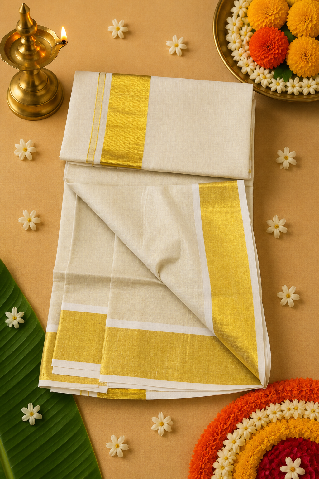 Classic Kerala Kasavu Saree – Golden Zari Border
