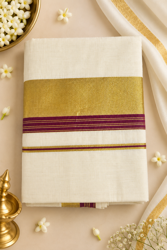 Kerala Kasavu Saree – Golden & Maroon Zari Border