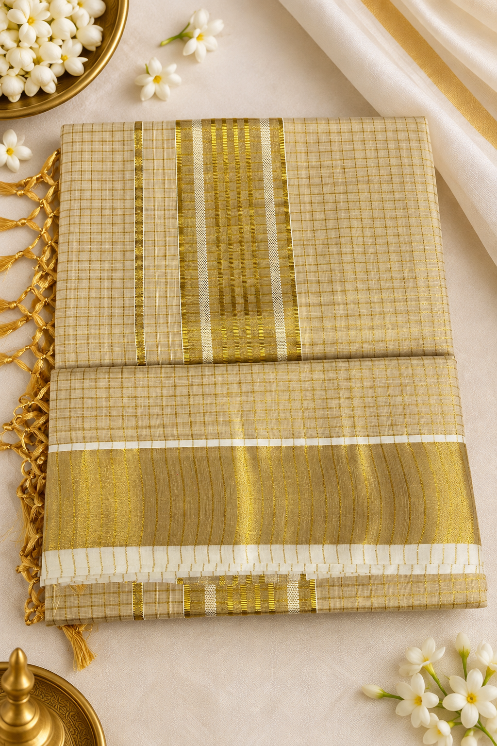 Tissue Kasavu Saree – Rich Golden Zari Checks