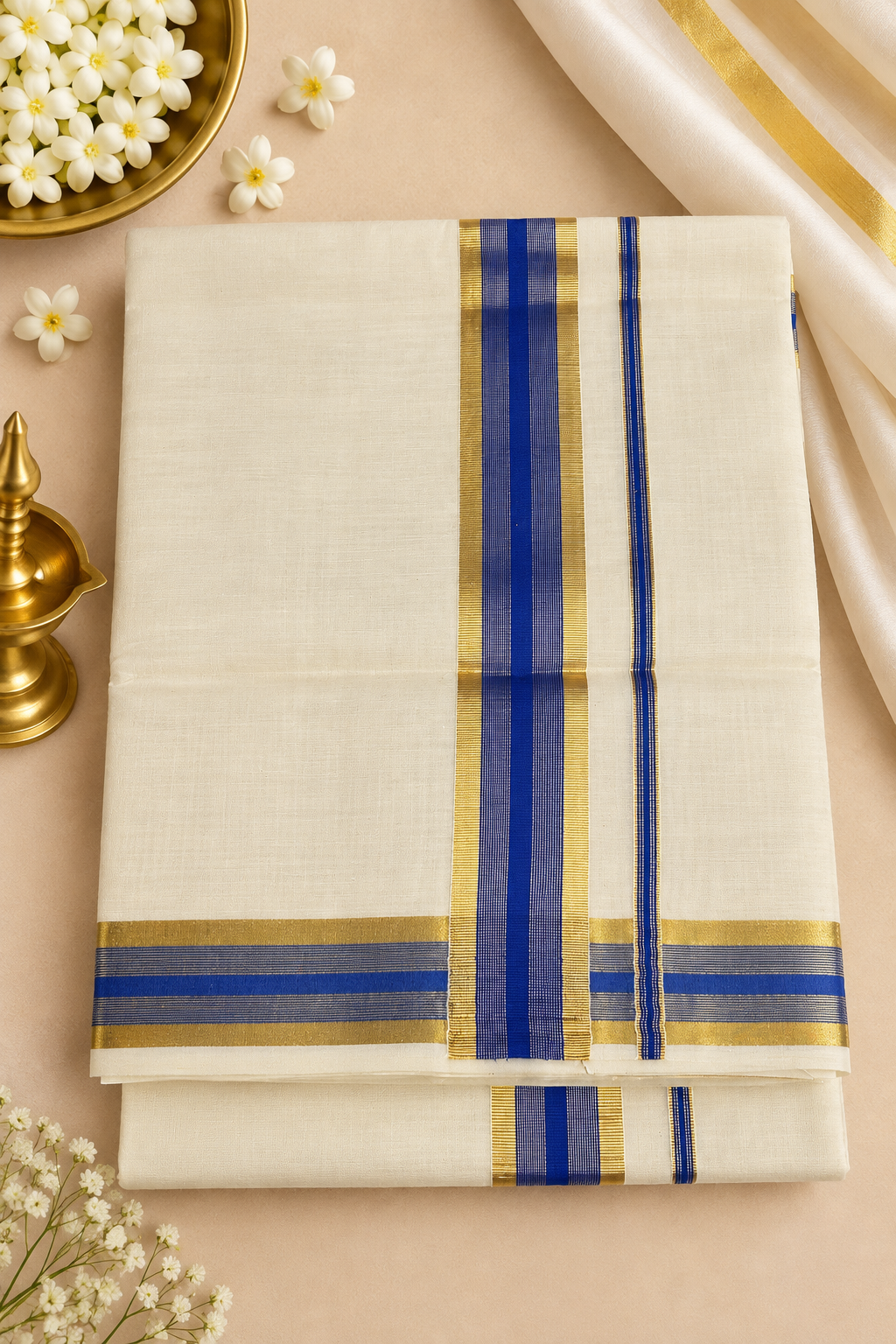 Cotton Kasavu Saree – Royal Blue & Golden Zari