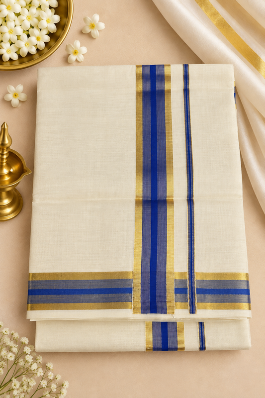 Cotton Kasavu Saree – Royal Blue & Golden Zari