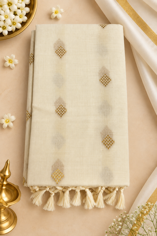 Soft Cotton Saree – Golden Motif & Tassel Elegance