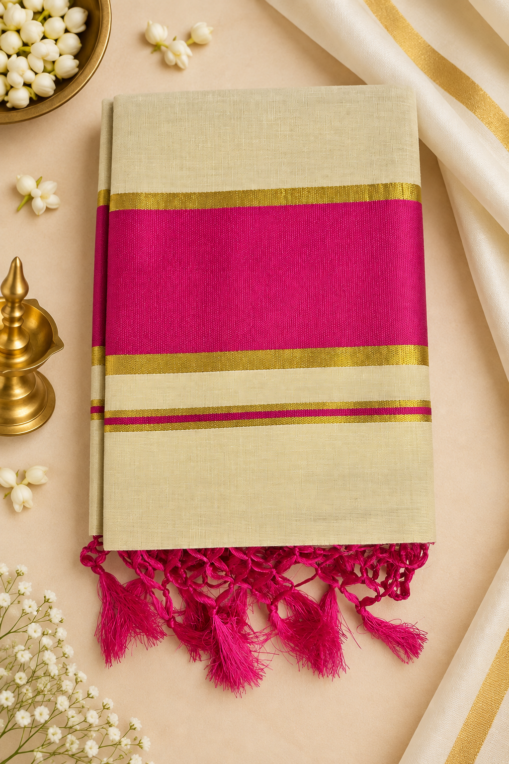 Tissue Kasavu Saree – Pink Contrast & Golden Zari